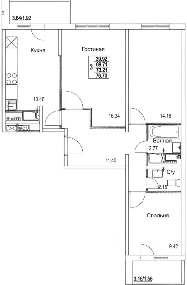 Планировка этой квартиры по данным Циан