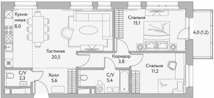 Планировка этой квартиры по данным Циан