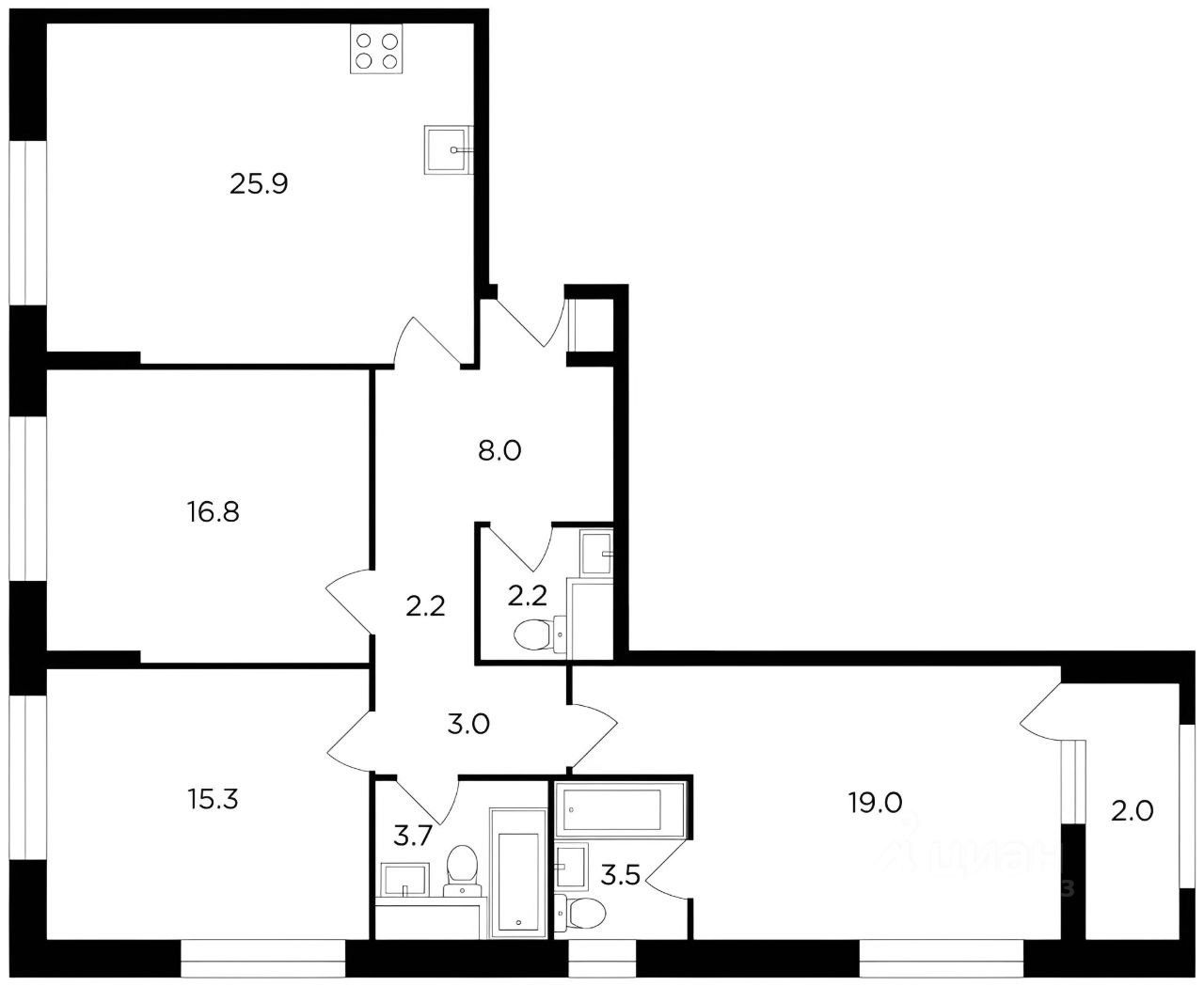 Планировка этой квартиры по данным Циан