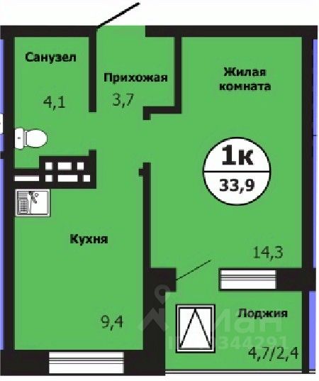 1-комн.кв., 33,5 м², 12/19 этаж