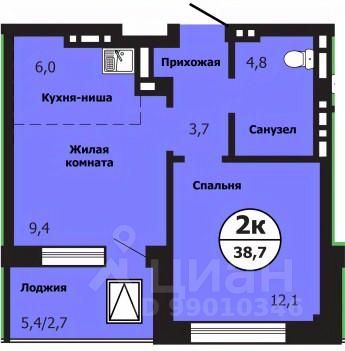 2-комн.кв., 38,6 м², 2/19 этаж