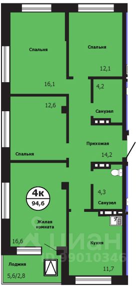 4-комн.кв., 94,3 м², 3/19 этаж