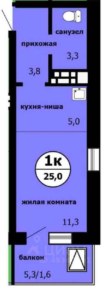 Студия, 24,6 м², 8/9 этаж