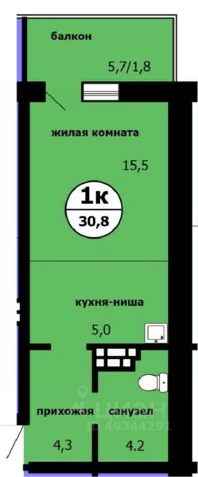 Студия, 30,3 м², 6/9 этаж