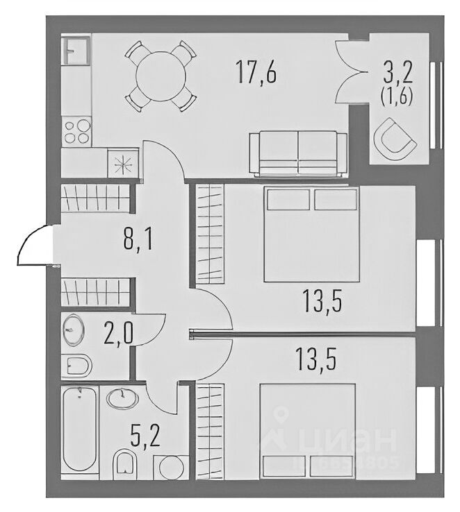 Планировка этой квартиры по данным Циан