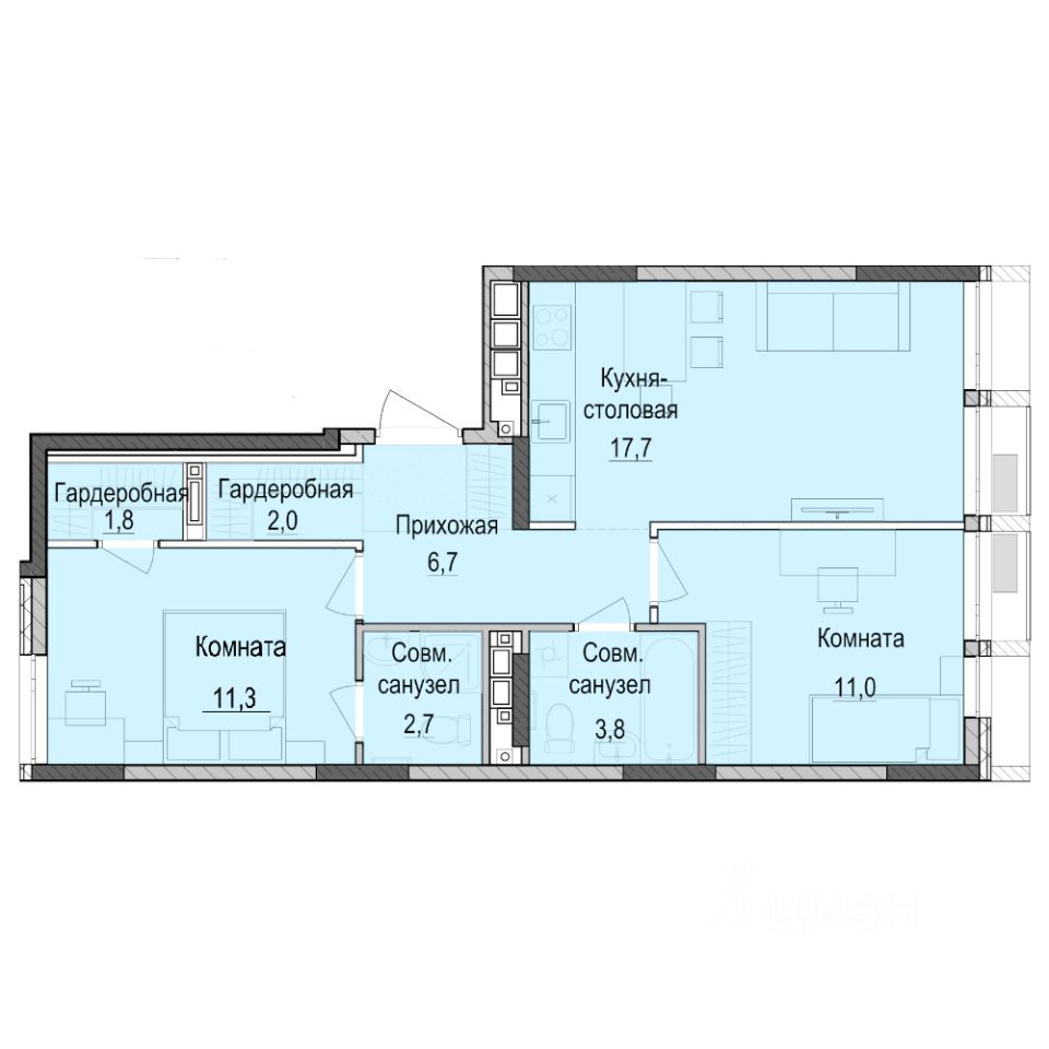 2-комн.кв., 56,8 м², 11/18 этаж