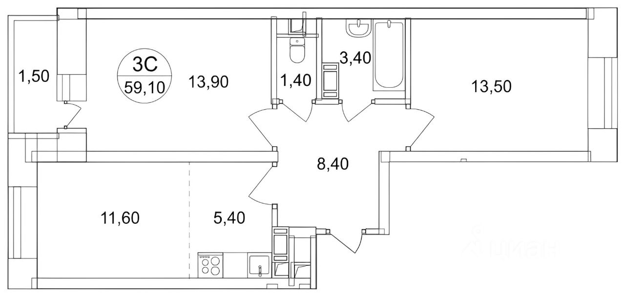 Планировка этой квартиры по данным Циан