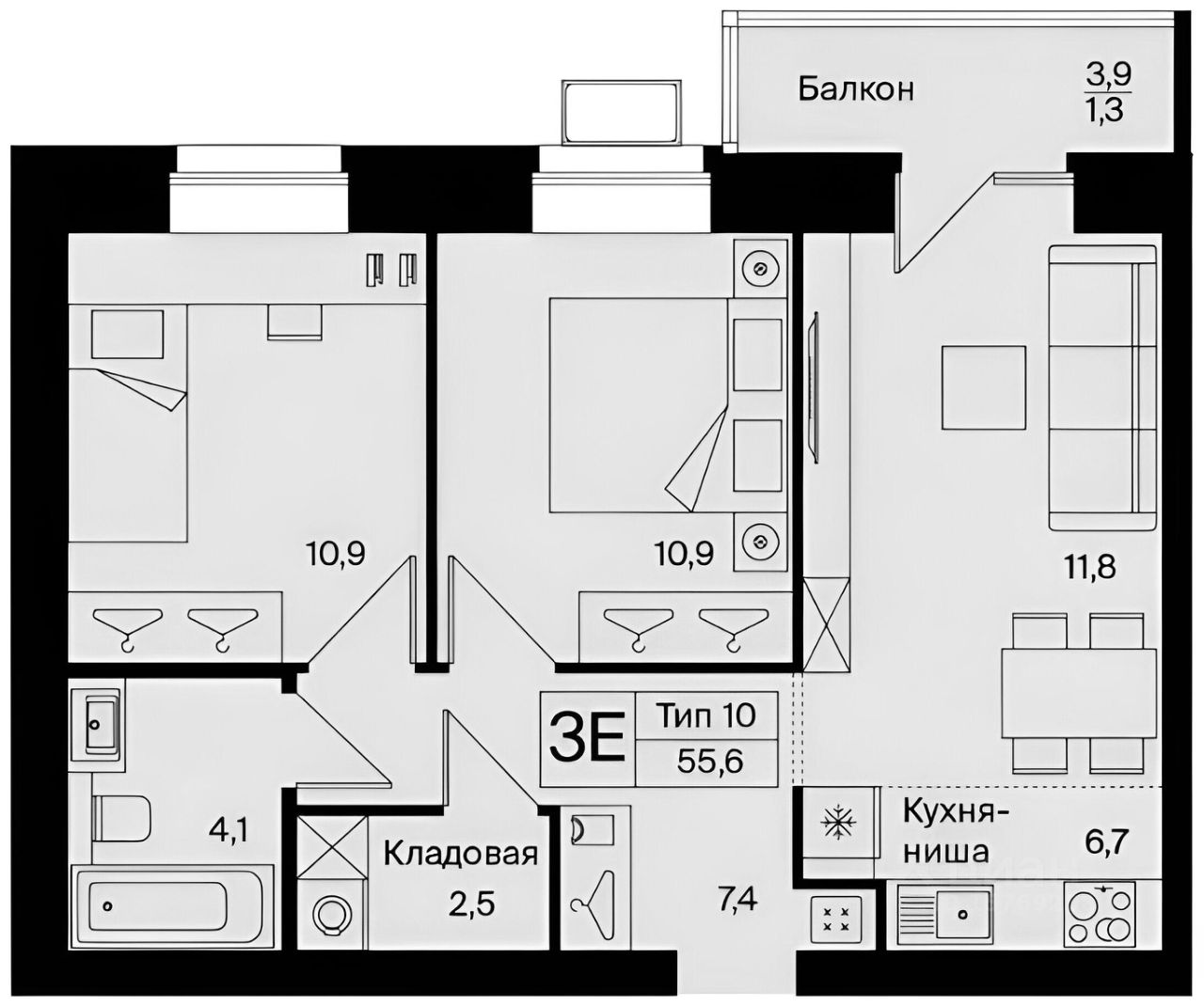 Планировка этой квартиры по данным Циан