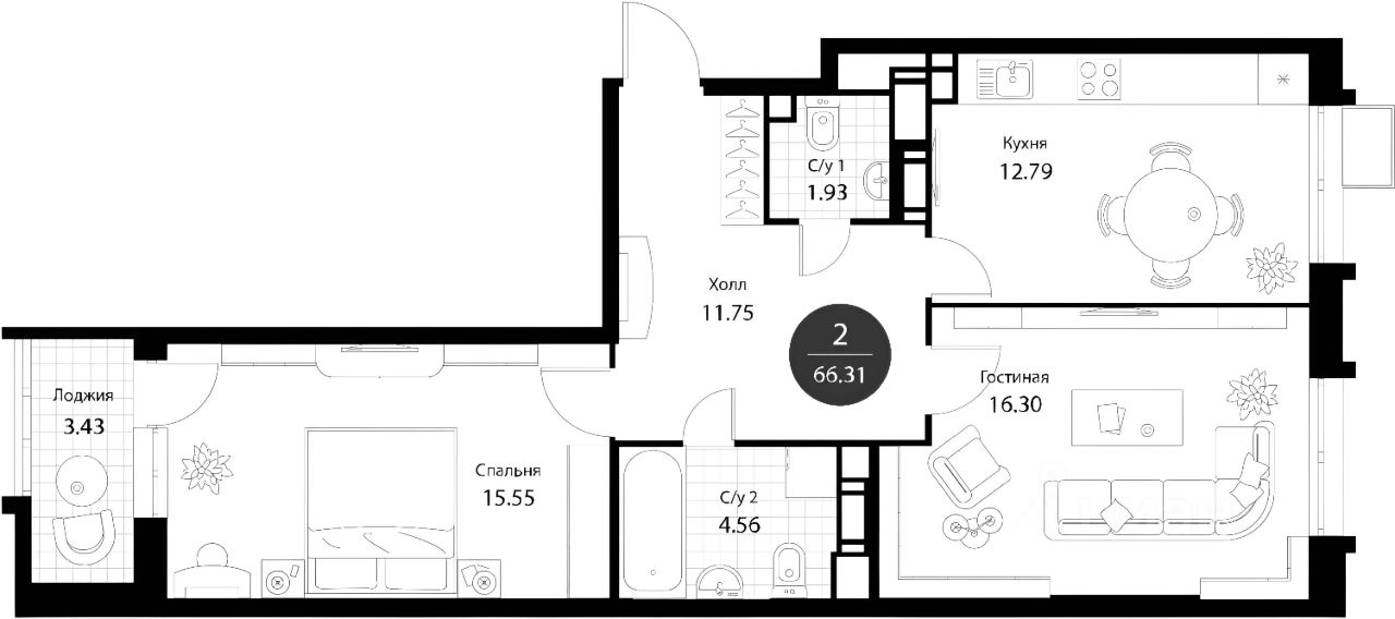 Планировка этой квартиры по данным Циан