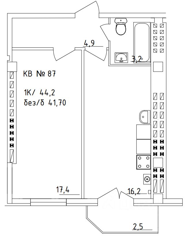 1-комн.кв., 44,2 м², 4/5 этаж