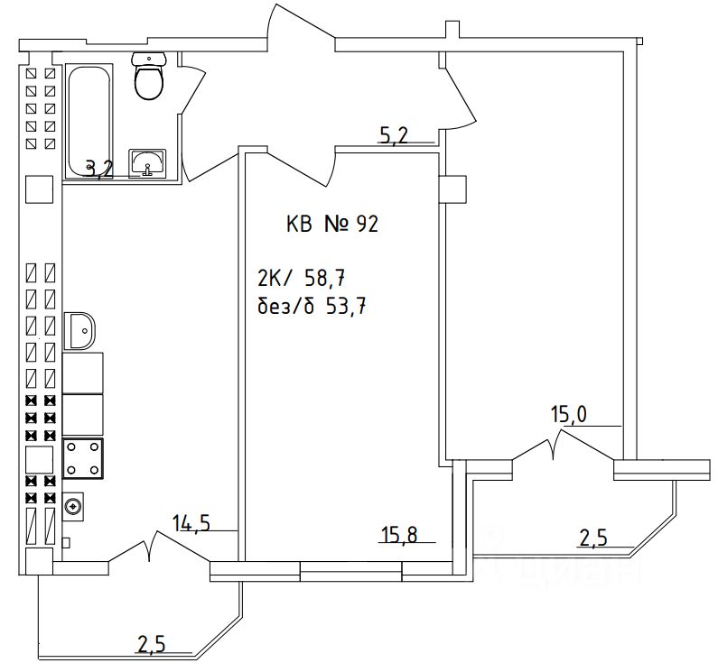 2-комн.кв., 58,7 м², 5/5 этаж