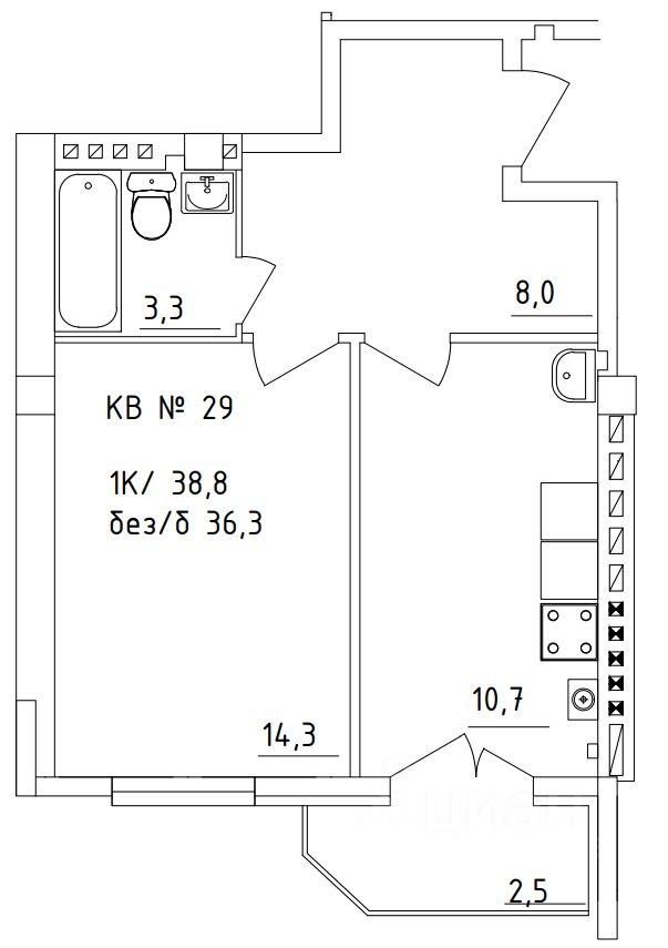 1-комн.кв., 39,4 м², 5/5 этаж