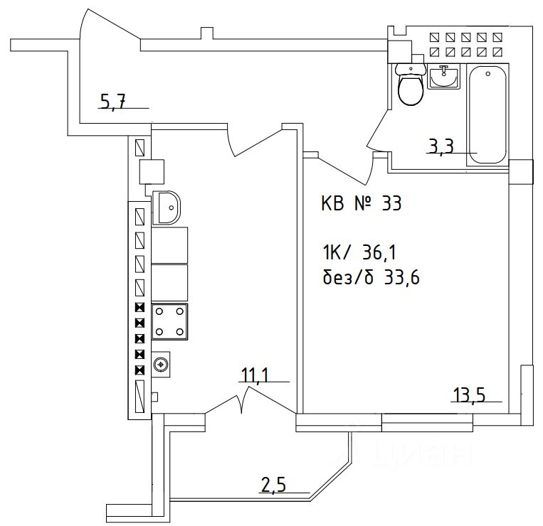 1-комн.кв., 36,1 м², 1/5 этаж