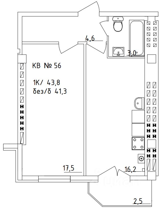 1-комн.кв., 43,8 м², 4/5 этаж
