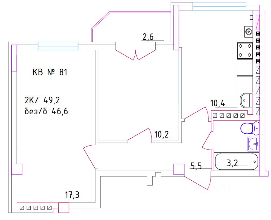 2-комн.кв., 49,2 м², 3/5 этаж