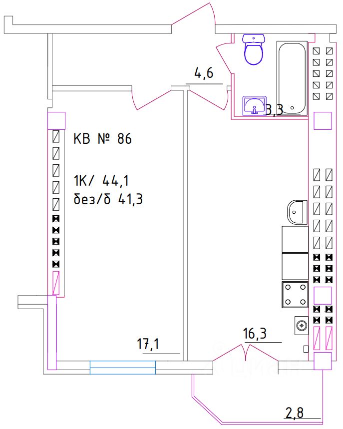 1-комн.кв., 44,1 м², 4/5 этаж