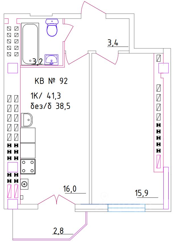 1-комн.кв., 41,3 м², 5/5 этаж