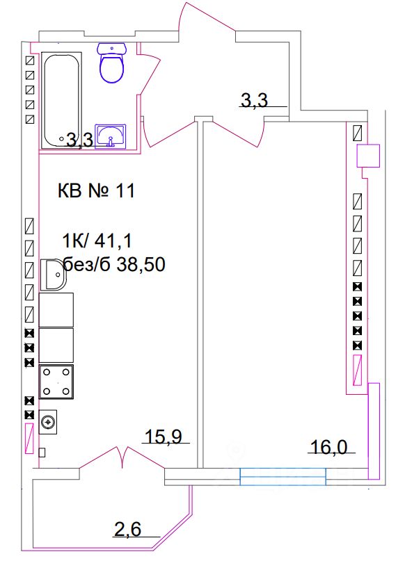 1-комн.кв., 41,3 м², 2/5 этаж