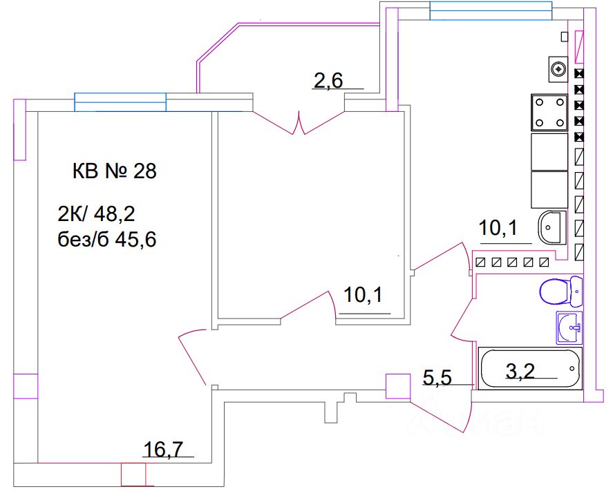 2-комн.кв., 48,2 м², 4/5 этаж