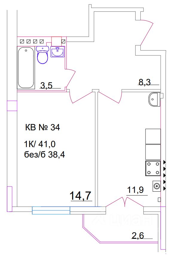 1-комн.кв., 41 м², 5/5 этаж