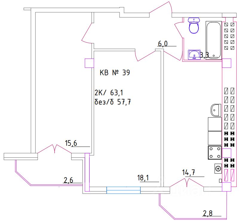 2-комн.кв., 63,1 м², 1/5 этаж