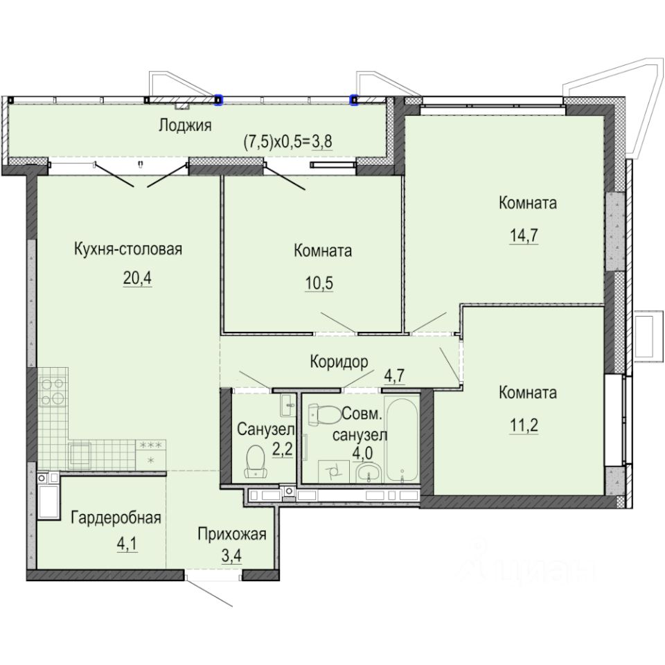 3-комн.кв., 79,1 м², 15/25 этаж