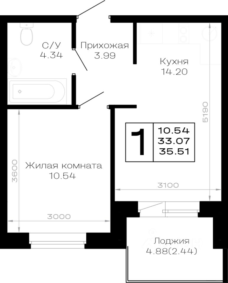 1-комн.кв., 35,5 м², 4/4 этаж