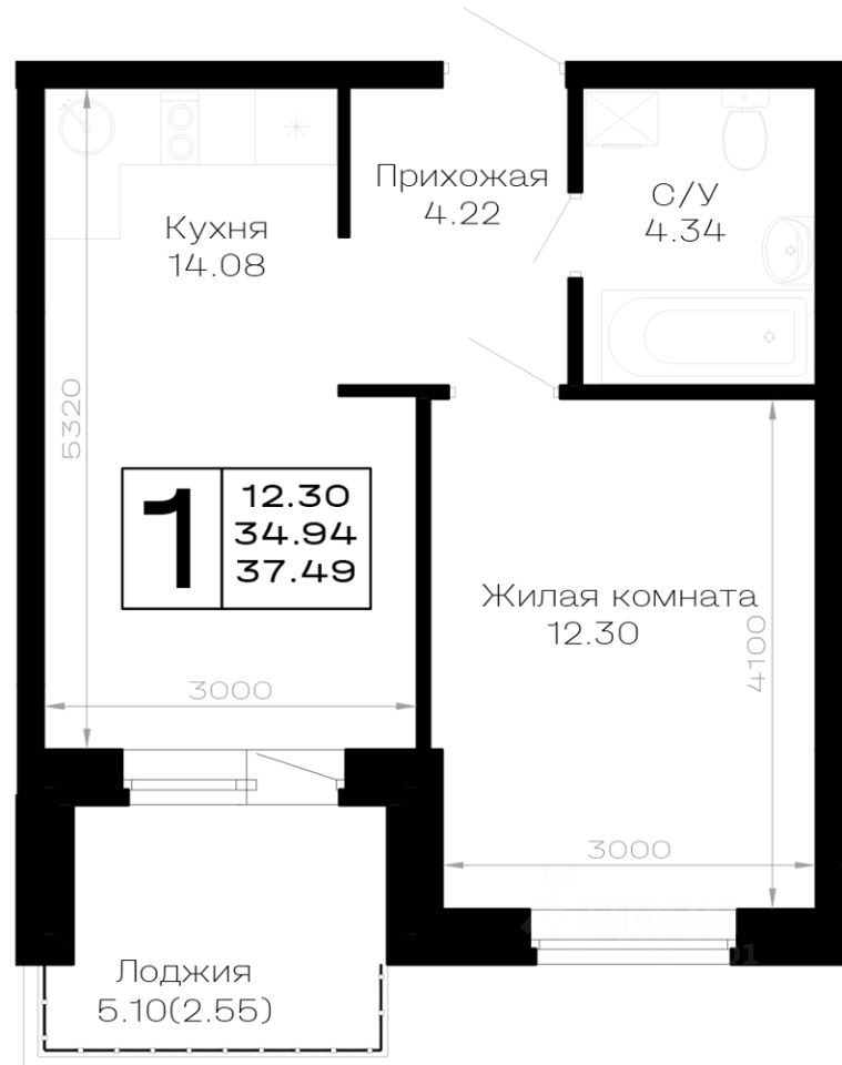 1-комн.кв., 37,5 м², 1/4 этаж