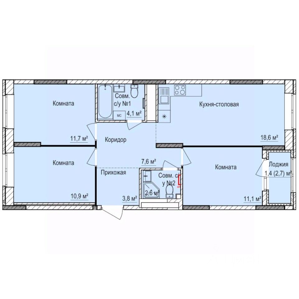 3-комн.кв., 71,8 м², 15/17 этаж