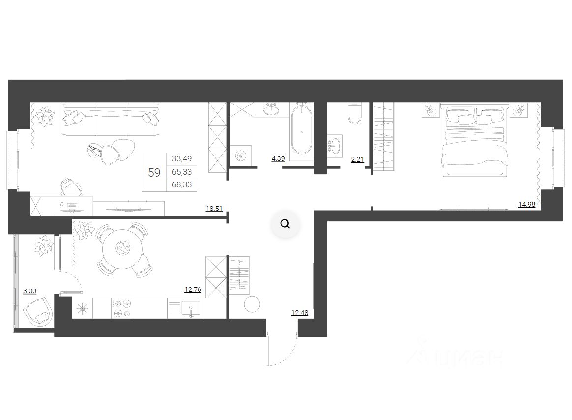 2-комн.кв., 68,3 м², 3/8 этаж