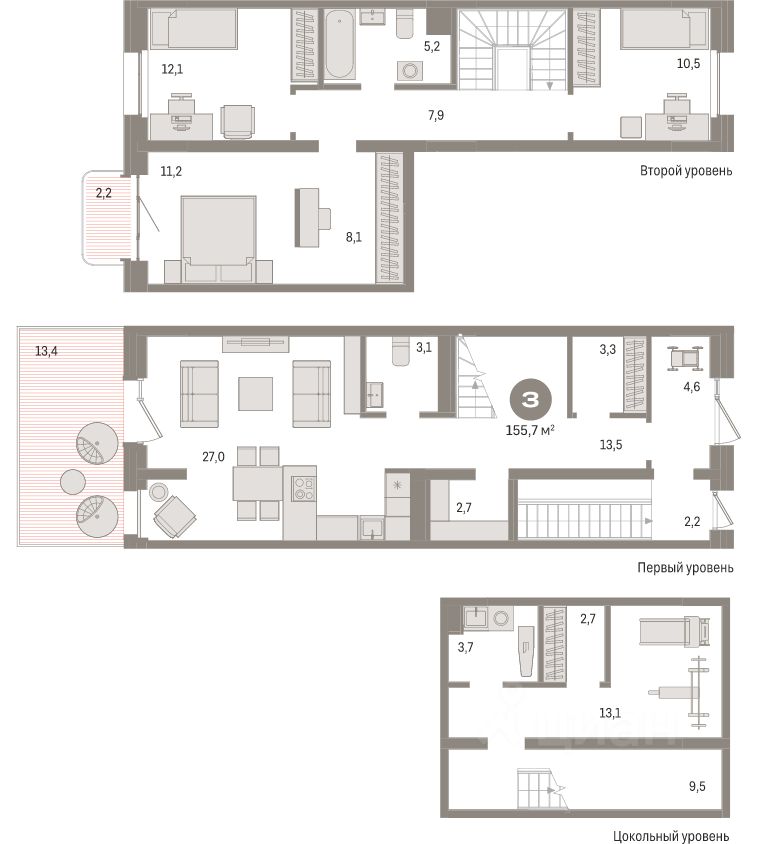3-комн.кв., 156 м², 2/11 этаж