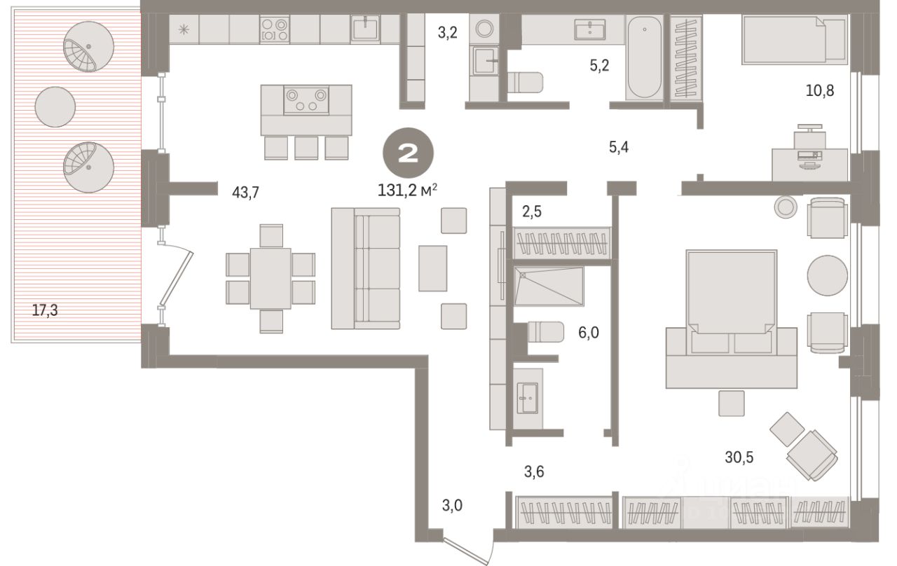 2-комн.кв., 130,6 м², 2/11 этаж