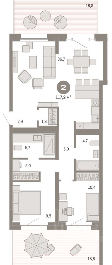 2-комн.кв., 117 м², 2/11 этаж