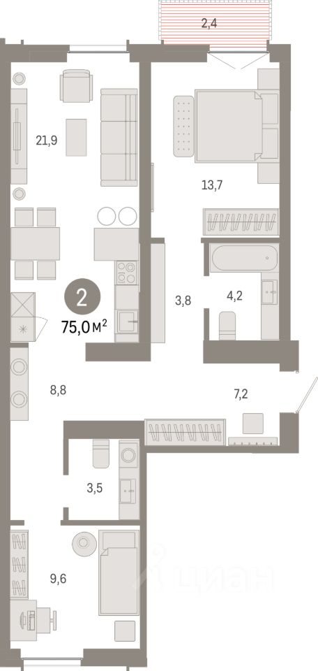 2-комн.кв., 75 м², 4/23 этаж