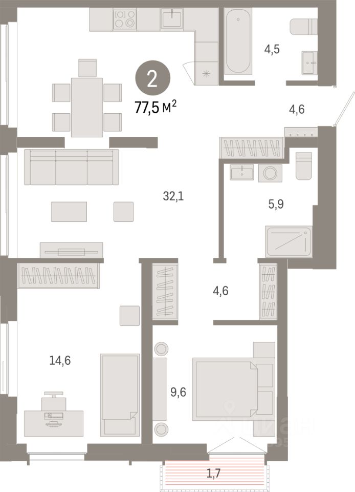 2-комн.кв., 77,5 м², 8/23 этаж
