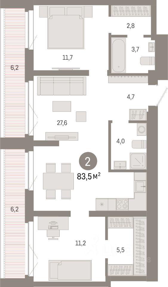 2-комн.кв., 83,5 м², 7/23 этаж