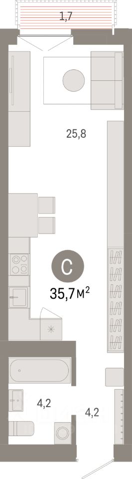 Студия, 35,7 м², 9/23 этаж