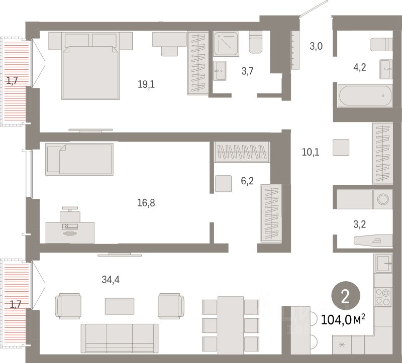 2-комн.кв., 104 м², 4/23 этаж