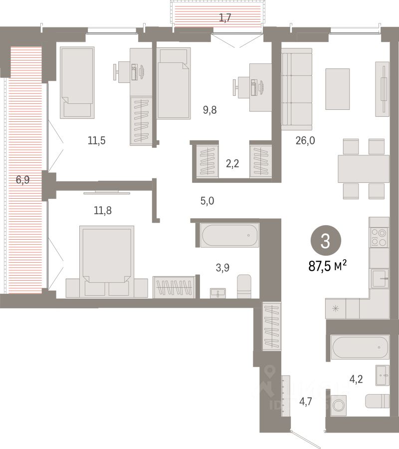 3-комн.кв., 87,5 м², 11/23 этаж