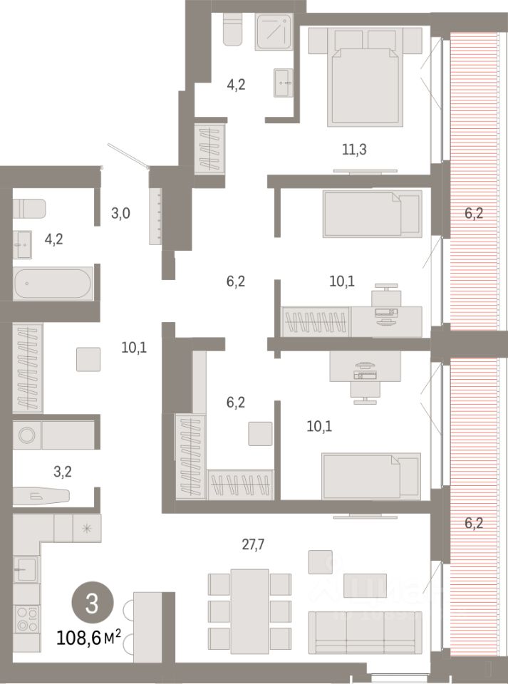 Продается3-комн.квартира,108,6м²