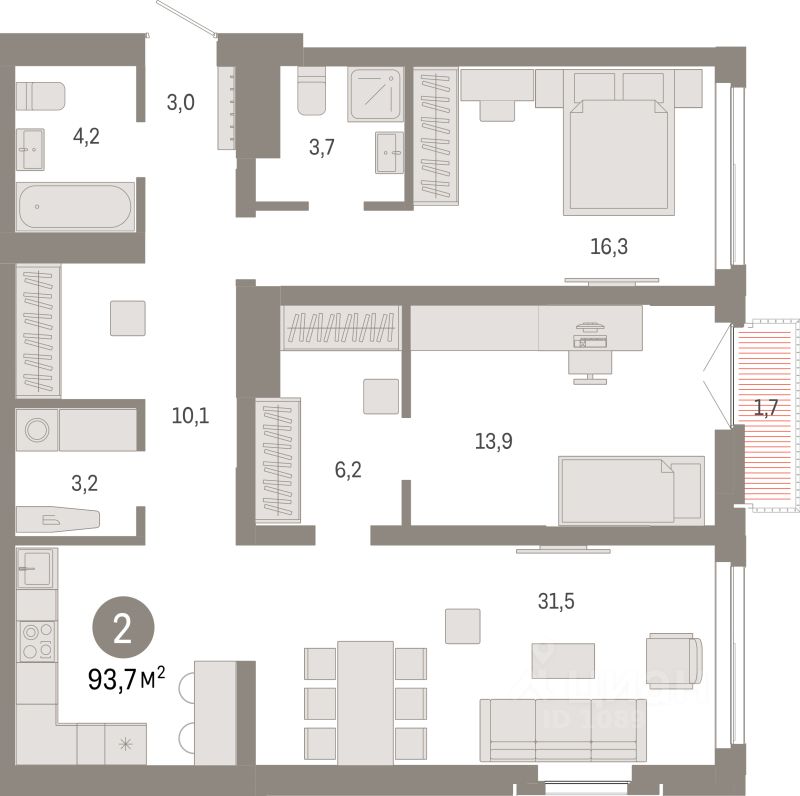 2-комн.кв., 93,7 м², 5/23 этаж