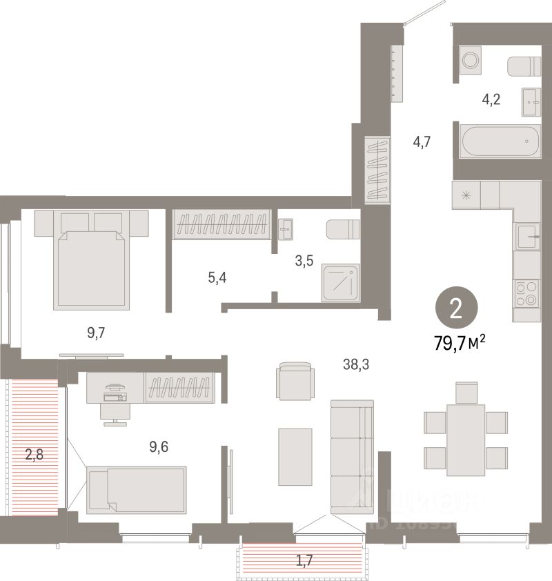 2-комн.кв., 79,7 м², 13/23 этаж