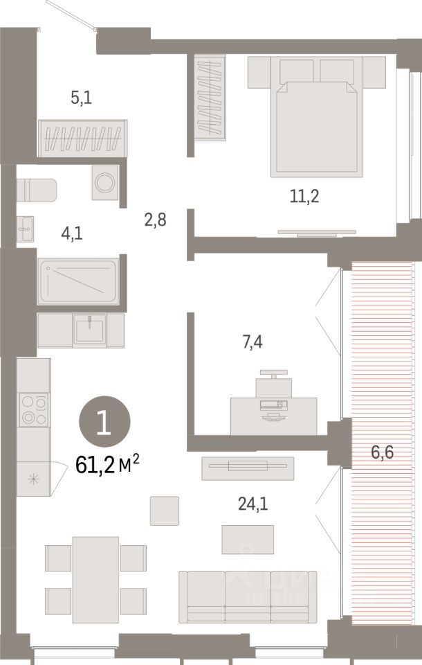 1-комн.кв., 61,2 м², 15/23 этаж