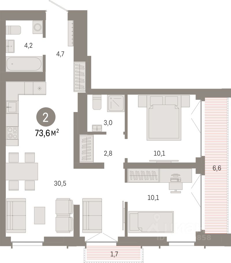 2-комн.кв., 73,6 м², 14/23 этаж