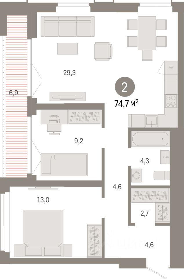 2-комн.кв., 74,7 м², 18/23 этаж