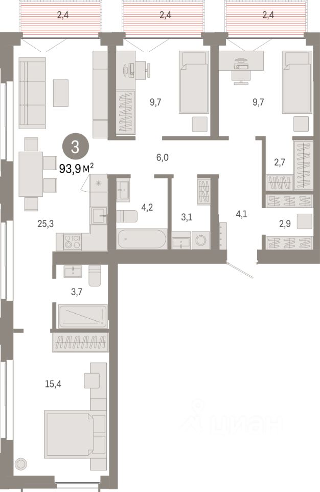 3-комн.кв., 93,9 м², 6/23 этаж