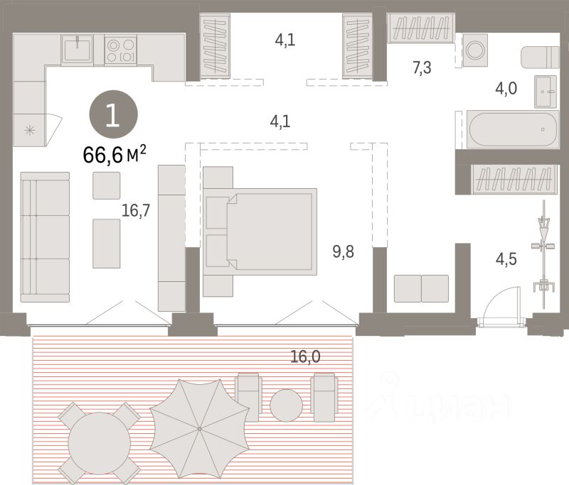 1-комн.кв., 66,6 м², 1/23 этаж