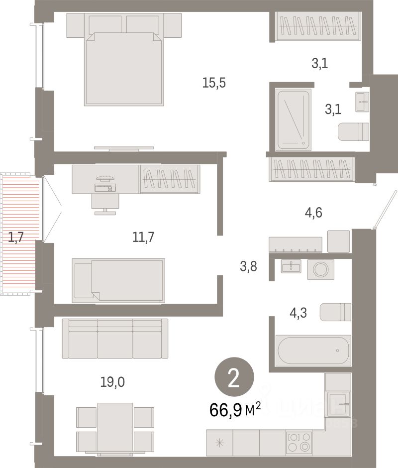 2-комн.кв., 66,9 м², 19/23 этаж