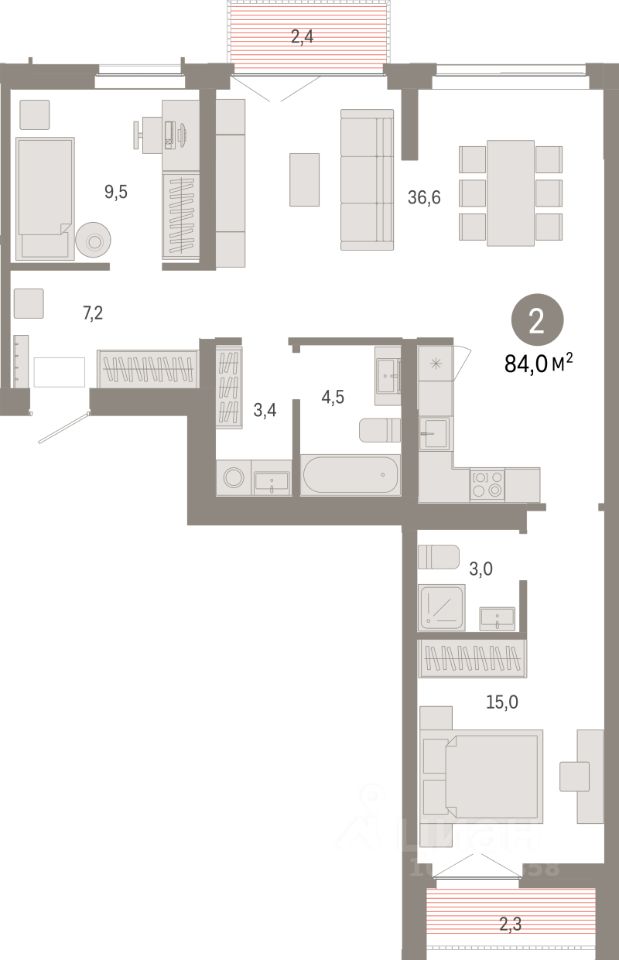 2-комн.кв., 84 м², 4/23 этаж