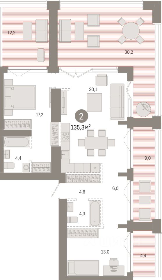 2-комн.кв., 135,3 м², 22/23 этаж